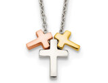 Polished Three Colored Sterling Silver 3-Cross Necklace (16 inches)