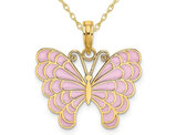 14K Yellow Gold Lavender Enamel Butterfly Charm Pendant Necklace with Chain