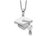 Sterling Silver Graduation Cap Charm Pendant Necklace with Syhtnetic Cubic Zirconias and Chain
