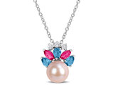 1.00 Carat (ctw) London Blue, White and Pink Topaz Freshwater Pearl Necklace Pendant Sterling Silver with Chain