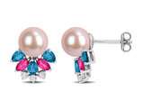 2.09 Carat (ctw) London Blue Pink and White Topaz Freshwater Pearl Earrings Sterling Silver