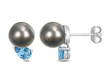 8-9mm Round Black Tahitian Cultured Pearl and Blue Topaz Post Earrings Sterling Silver 