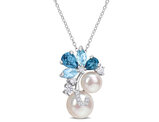 2.71 Carat (ctw) London Blue Topaz, Lab Created White Sapphire Freshwater Pearl Necklace Pendant Sterling Silver with Chain