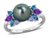 8-8.5mm Black Tahitian Cultured Pearl 7/8 Carats (ctw) Blue and White Topaz, Tanazanite Ring in Sterling Silver