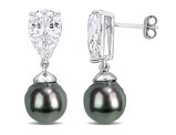 10mm Black Tahitian Cultured Pearl and Lab-Created White Sapphires Dangle Earrings Sterling Silver