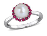 White Freshwater Cultured Pearl 7-7.5mm and Ruby Halo Ring in Sterling Silver