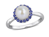 White Freshwater Cultured Pearl 7-7.5mm and Sapphire Halo Ring in Sterling Silver