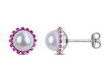 1/3 Carat (ctw) Ruby and Freshwater Cultured Pearl Halo Stud Earrings Sterling Silver