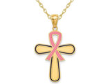 14K Yellow Gold Pink Enamel Awareness Ribbon Cross Pendant Necklace with Chain