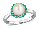 White Freshwater Cultured Pearl 7-7.5mm and Emrald Halo Ring in Sterling Silver