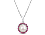 8.5-9mm Freshwater Cultured Halo Pearl Pendant Necklace with Rubies Sterling Silver with Chain