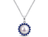 8.5-9mm Freshwater Cultured Halo Pearl Pendant Necklace with Blue Sapphires Sterling Silver with Chain