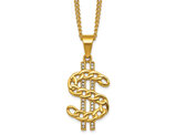 Yellow Plated Stainless Steel Dollar Sign Charm Pendant Necklace with Chain (24 Inches)