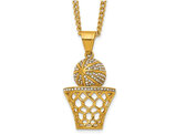 Yellow Plated Stainless Steel Basketball & Hoop Pendant Necklace with Chain (24 Inches)