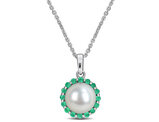 8.5-9mm Freshwater Cultured Halo Pearl Pendant Necklace with Emeralds Sterling Silver with Chain