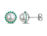 1/3 Carat (ctw) Emerald and Freshwater Cultured Pearl Halo Stud Earrings Sterling Silver