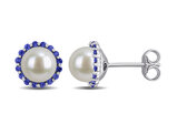 1/3 Carat (ctw) Blue Sapphire and Freshwater Cultured Pearl Halo Stud Earrings Sterling Silver
