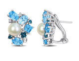 4.74 Carat (ctw) London Blue and Sky Topaz Freshwater Cultured Pearl Earrings Sterling Silver