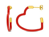 Sterling Silver Open Heart Hoop Earrings with Red Enamel