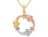 14K Yellow, Pink, White Gold Triple Dolphin Charm Pendant Necklace with Chain