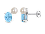 5.5-6mm Cultured Freshwater Pearl Earrings with 3.0 Carats (ctw) Blue Topaz Sterling Silver