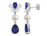 Lab Created Blue and White Sapphire Dangle Earrings Freshwater Pearls Sterling Silver