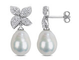 2/3 Carat (ctw) White Topaz and Freshwater Cultured Pearl Dangle Earrings Sterling Silver
