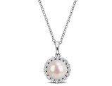 8-8.5mm Freshwater Cultured Pearl 1/3 Carat (ctw) White Topaz Halo Pendant Necklace Sterling Silver with Chain