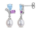 1.58 Carat (ctw) Rose-De-France, Blue and White Topaz,  Freshwater Pearl Earrings Sterling Silver