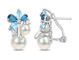 2.92 Carat (ctw) London, Sky Blue Topaz Freshwater Cultured Pearl Earrings Sterling Silver