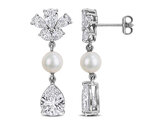 8.92 Carat (ctw) Lab-Created White Sapphire Freshwater Pearl Dangle Earrings Sterling Silver