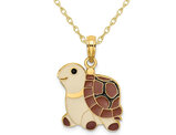 14K Yellow Gold Brown Enamel Turtle Charm Pendant Necklace with Chain