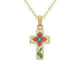 14K Yellow Gold Cross Floral Enamel Pendant Necklace with Chain 
