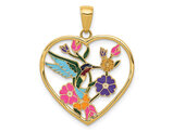 14K Yellow Gold Flower Enameled Hummingbird Heart Charm Pendant (NO Chain)