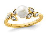 14K Yellow Gold 5mm Freshwater Cultured White Pearl Ring with Accent Diamonds