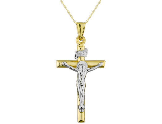 14K Yellow and White Gold Crucifix Cross Pendant Necklace with Chain