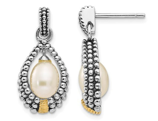 Cultured Freshwater Pearl Drop Earrings in Antique Sterling Silver with 14K Gold Accents