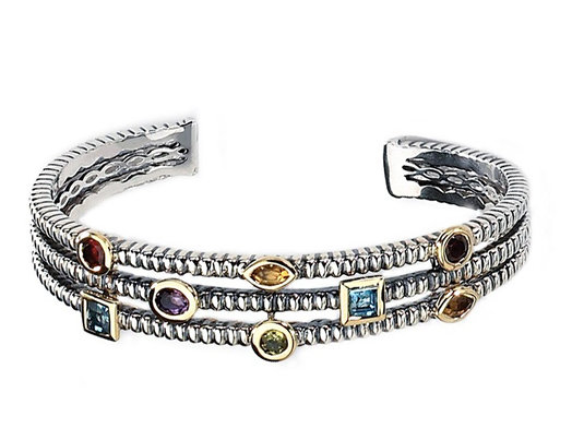 Multi-Gemstone Cuff Bracelet in Sterling Silver with 14K Gold Accents