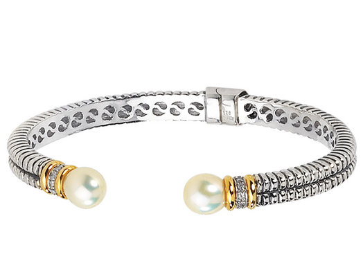 Cultured Freshwater Pearl Cable Bangle in Sterling Silver with 14K Gold Accents