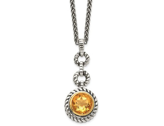 Natural Citrine Drop Pendant Necklace 2.00 Carat (ctw) in Sterling Silver with 14K Gold Accents
