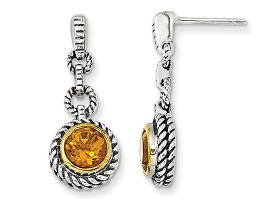Yellow Citrine Gemstone 1.50 Carat (ctw) Drop Earrings in Sterling Silver with 14K Gold Accents