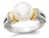 Cultured Freshwater Pearl & Diamond Ring in Sterling Silver with 14K Gold Accents