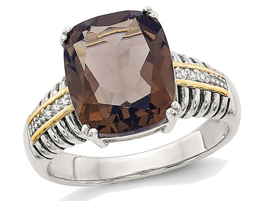 4.50 Carat (ctw) Smoky Quartz Ring in Sterling Silver with 14K Gold Accents and Accent Diamonds