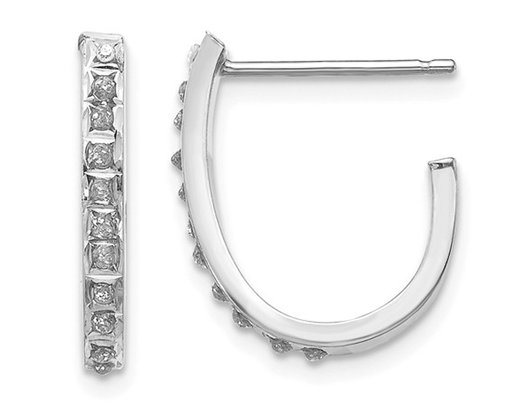 Accent Diamond J-Hoop Earrings in 14K White Gold