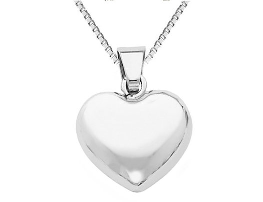 14K White Gold Small Puffed Heart Pendant Necklace with Chain