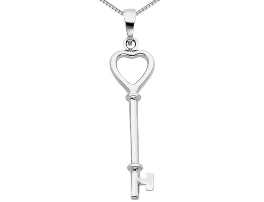 Sterling Silver Heart and Key Pendant Necklace with Chain