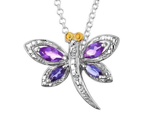 Amethyst and Iolite Dragonfly Pendant Necklace with Diamonds 5/8 Carat (ctw) in Sterling Silver with Chain