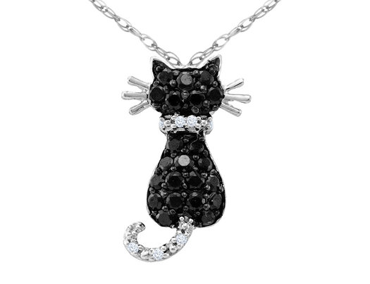 White and Black Diamond Cat Pendant Necklace 1/3 Carat (ctw) in 10K White Gold with Chain