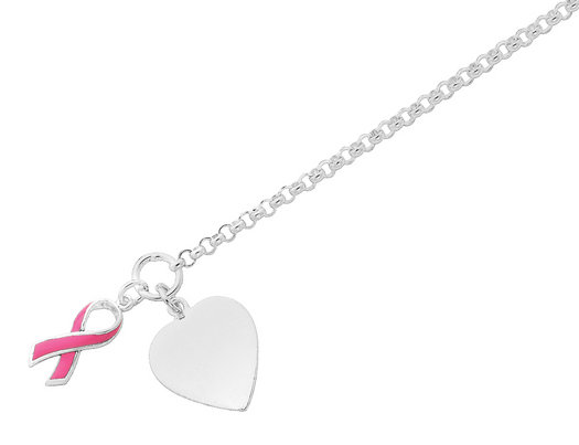 Sterling Silver Toggle Heart & Pink Ribbon Bracelet 7.5 Inches